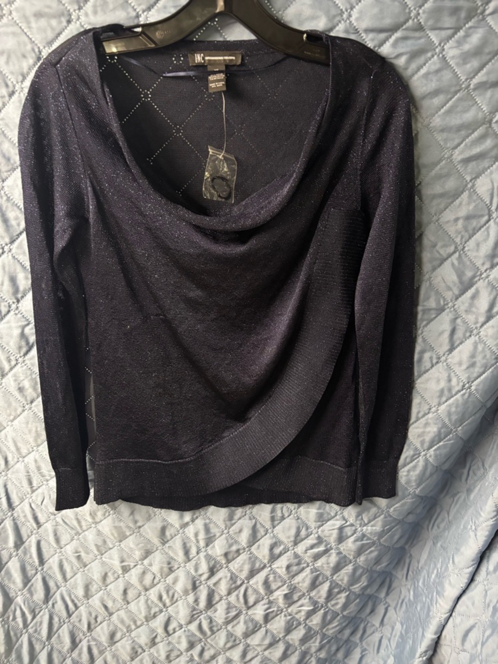 INC International Concepts Navy Sparkle Drape Neck Sweater